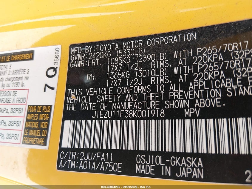 TOYOTA FJ CRUISER 2008 VIN JTEZU11F38K001918