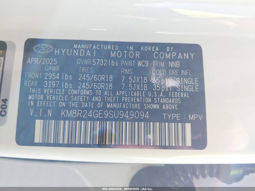 HYUNDAI PALISADE 2025 VIN KM8R24GE9SU949094