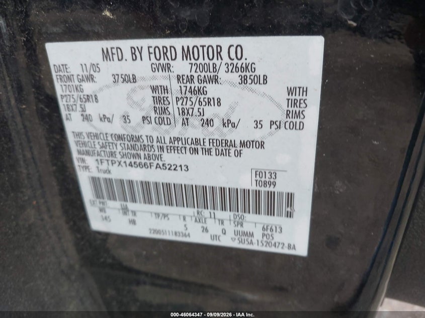 2006 FORD F-150 PICKUP 5.4L V-8 VVT, REGULAR , 300HP
