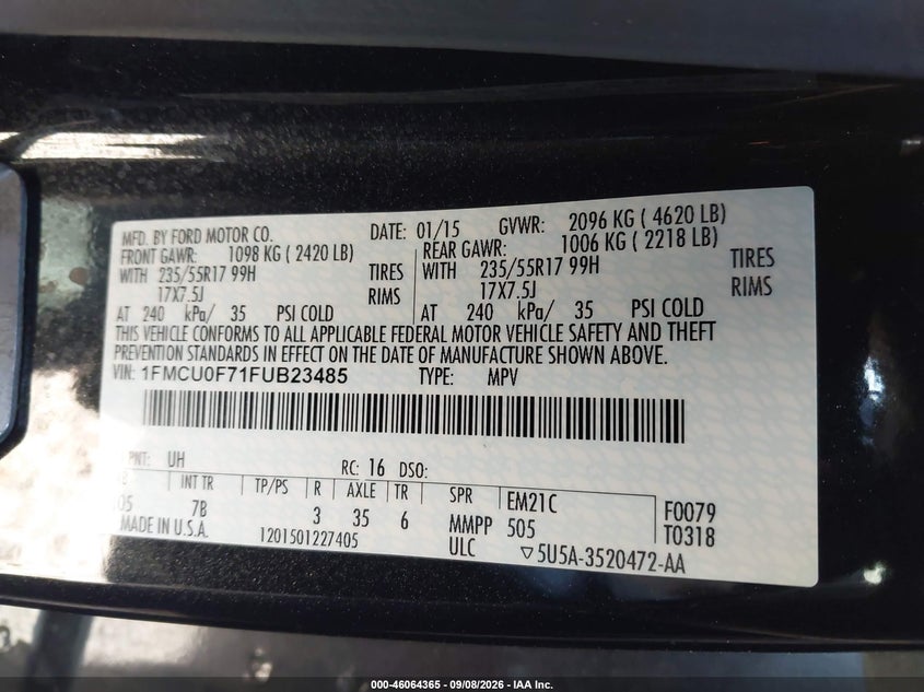 FORD ESCAPE 2015 VIN 1FMCU0F71FUB23485