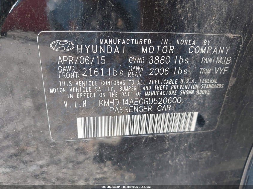 HYUNDAI ELANTRA 2016 VIN KMHDH4AE0GU520600