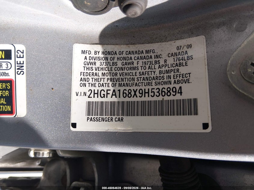 HONDA CIVIC 2009 VIN 2HGFA168X9H536894