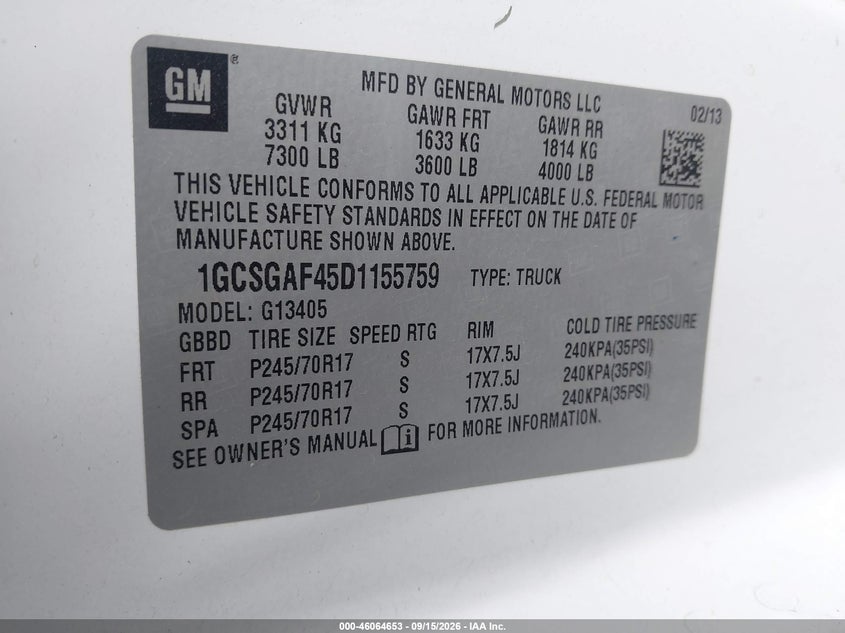 CHEVROLET EXPRESS 1500 2013 VIN 1GCSGAF45D1155759
