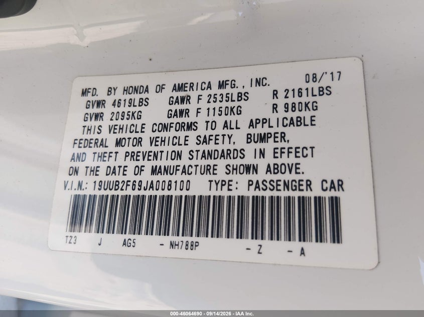 ACURA TLX 2018 VIN 19UUB2F69JA008100