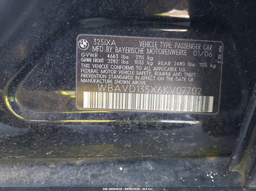 BMW 325XI 2006 VIN WBAVD135X6KV07702