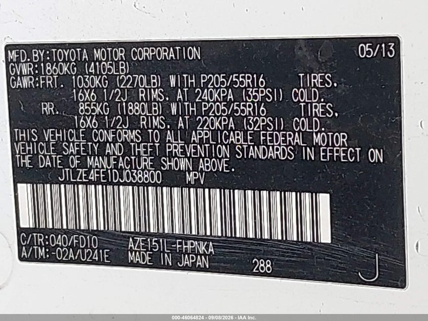 SCION XB 2013 VIN JTLZE4FE1DJ038800