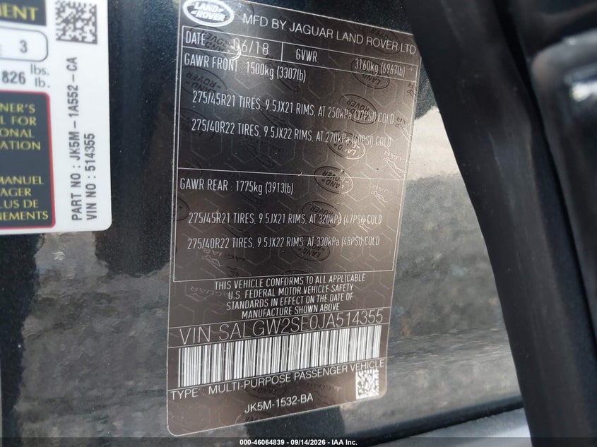 LAND-ROVER RANGE ROVER 2018 VIN SALGW2SE0JA514355