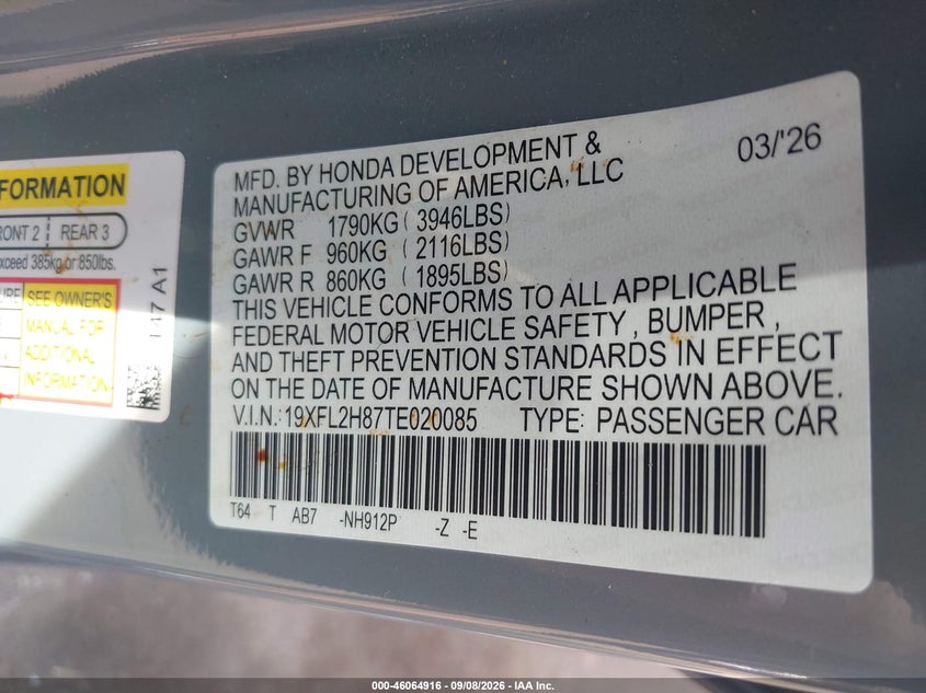 HONDA CIVIC 2026 VIN 19XFL2H87TE020085