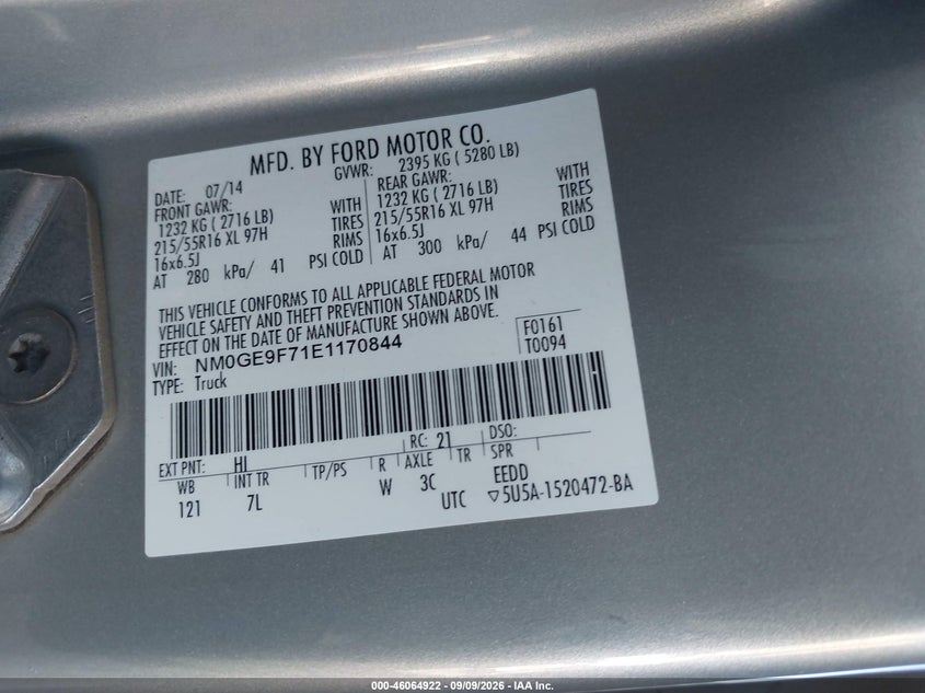 FORD TRANSIT CONNECT 2014 VIN NM0GE9F71E1170844