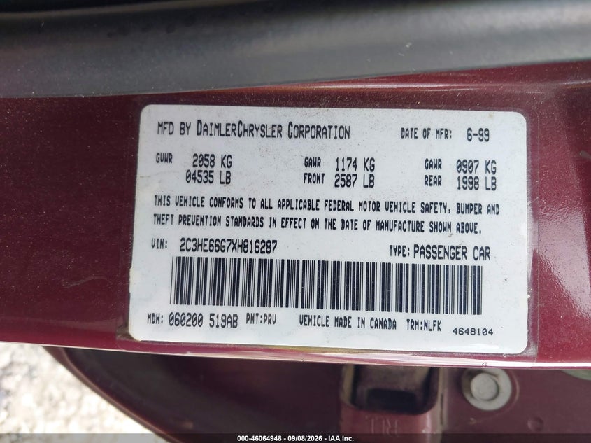 CHRYSLER 300M 1999 VIN 2C3HE66G7XH816287