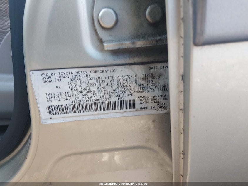 TOYOTA RAV4 2002 VIN JTEGH20V720063027