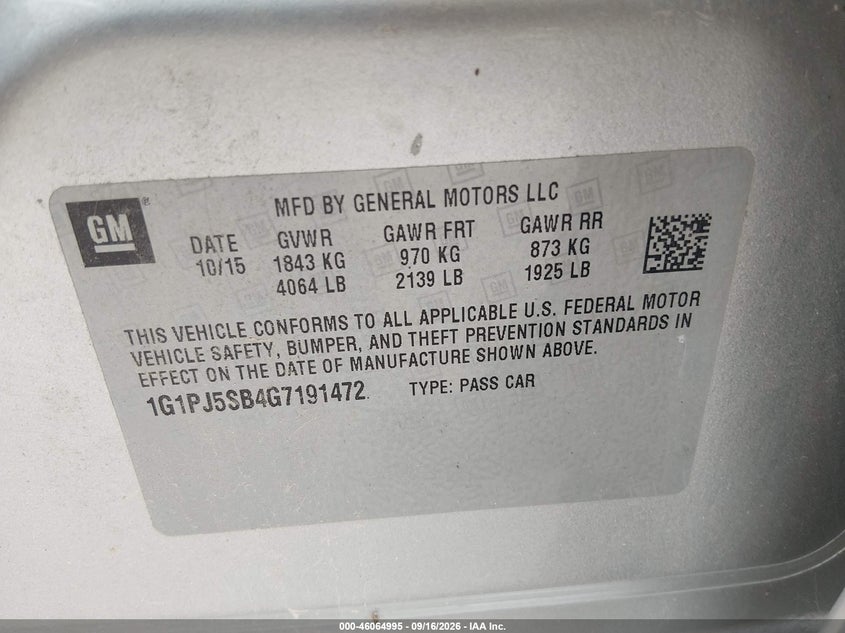 CHEVROLET CRUZE LIMITED 2016 VIN 1G1PJ5SB4G7191472