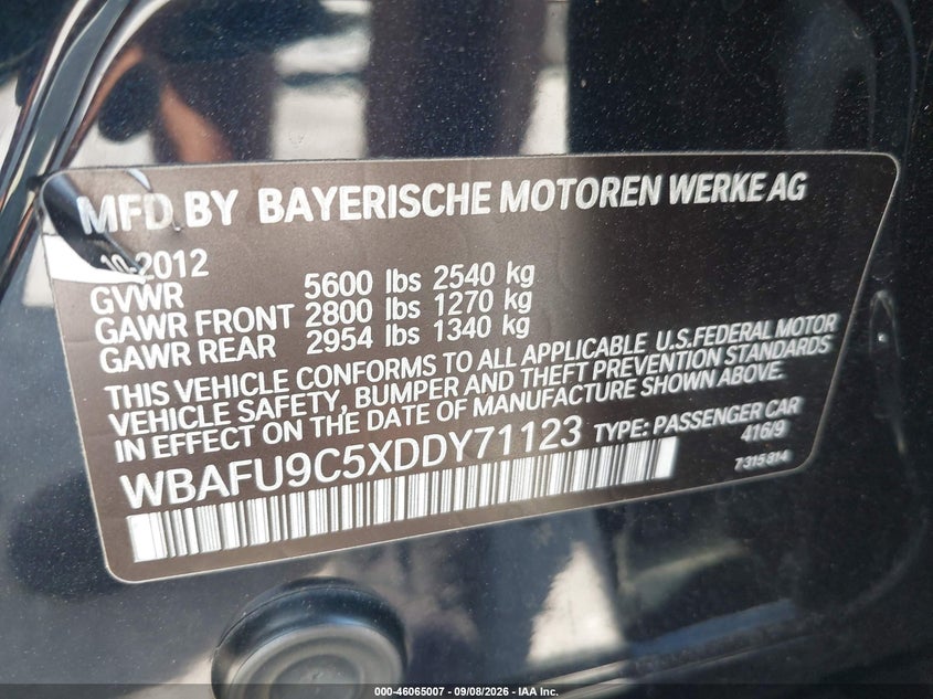 BMW 550I 2013 VIN WBAFU9C5XDDY71123