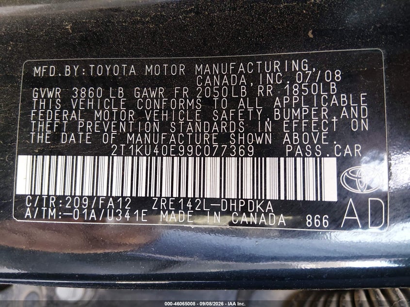TOYOTA MATRIX 2009 VIN 2T1KU40E99C077369