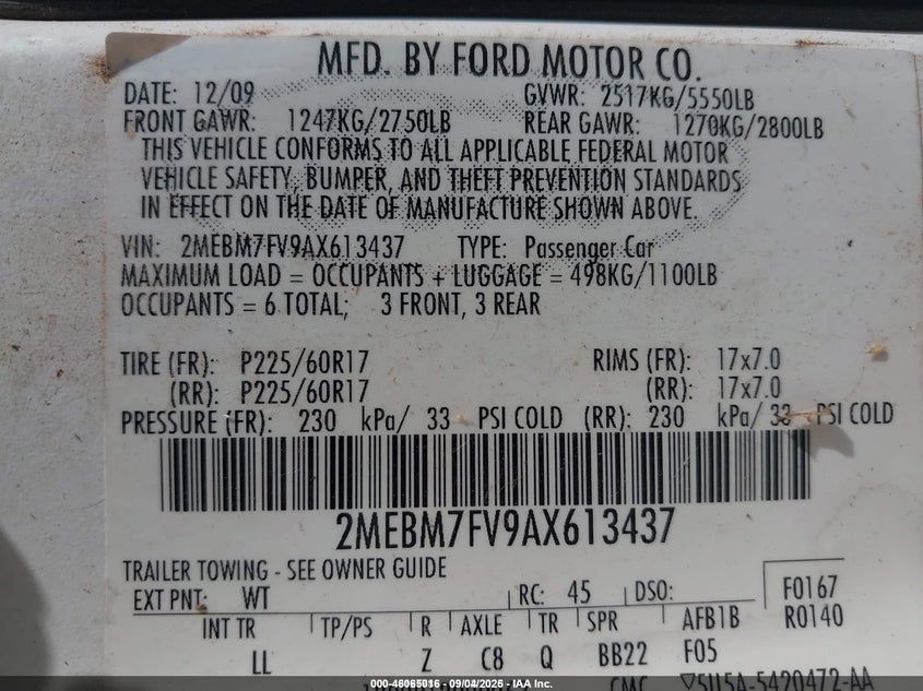 MERCURY GRAND MARQUIS 2010 VIN 2MEBM7FV9AX613437