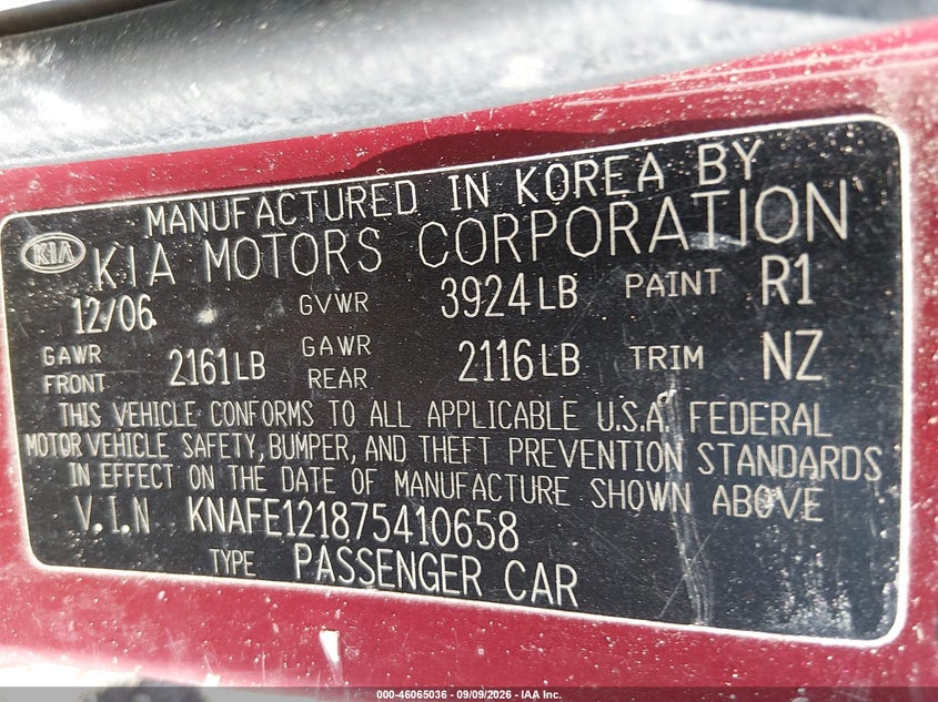KIA SPECTRA 2007 VIN KNAFE121875410658