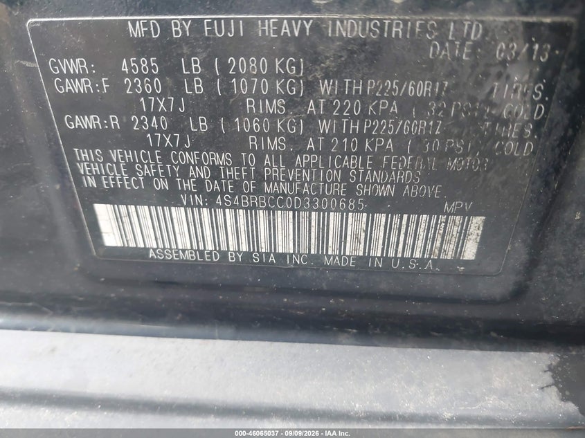 SUBARU OUTBACK 2013 VIN 4S4BRBCC0D3300685