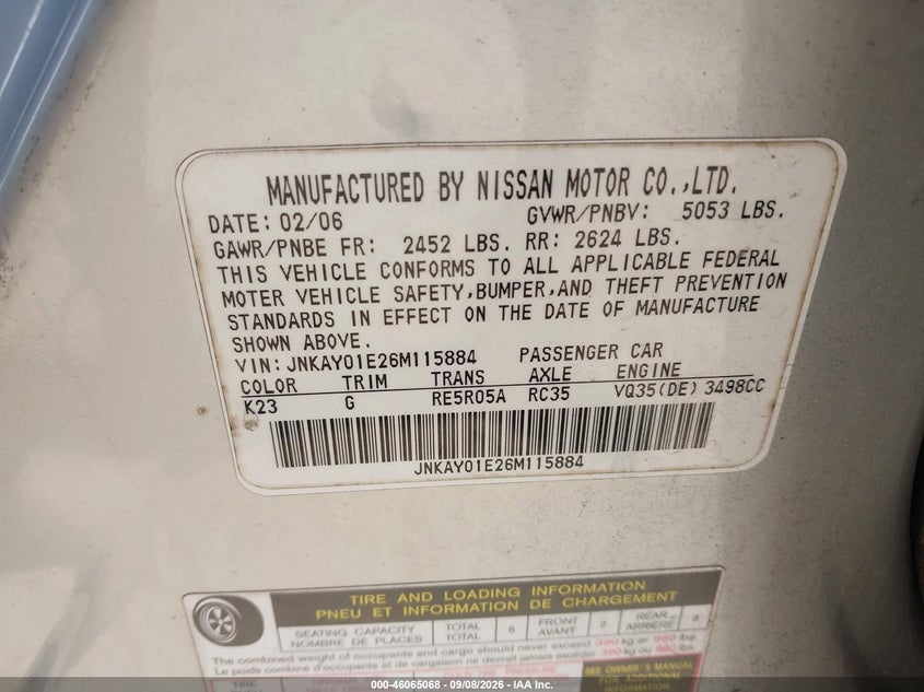 INFINITI M35 2006 VIN JNKAY01E26M115884
