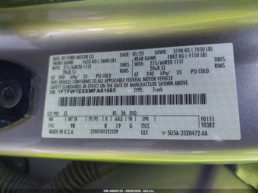 FORD F-150 2021 VIN 1FTFW1E8XMFA81685