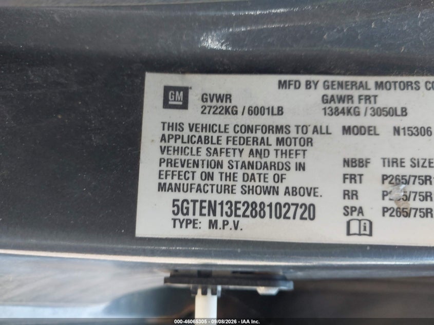 HUMMER H3 SUV 2008 VIN 5GTEN13E288102720