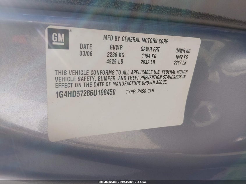 BUICK LUCERNE 2006 VIN 1G4HD57286U198450