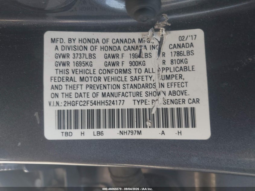 2017 HONDA CIVIC SEDAN 2.0L I-4 DOHC, VVT, REGULAR , 158HP