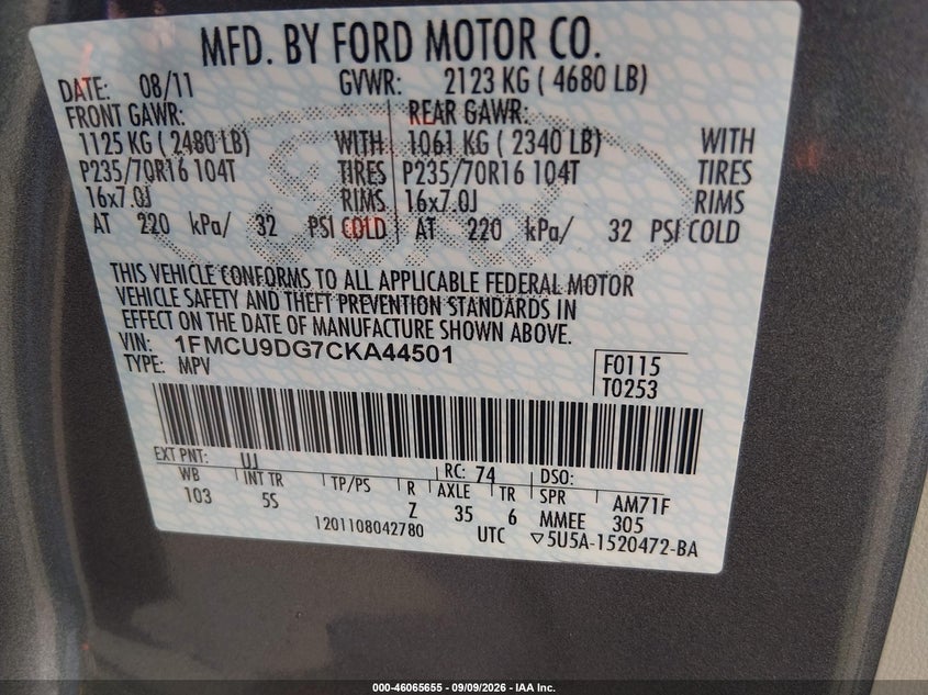 FORD ESCAPE 2012 VIN 1FMCU9DG7CKA44501