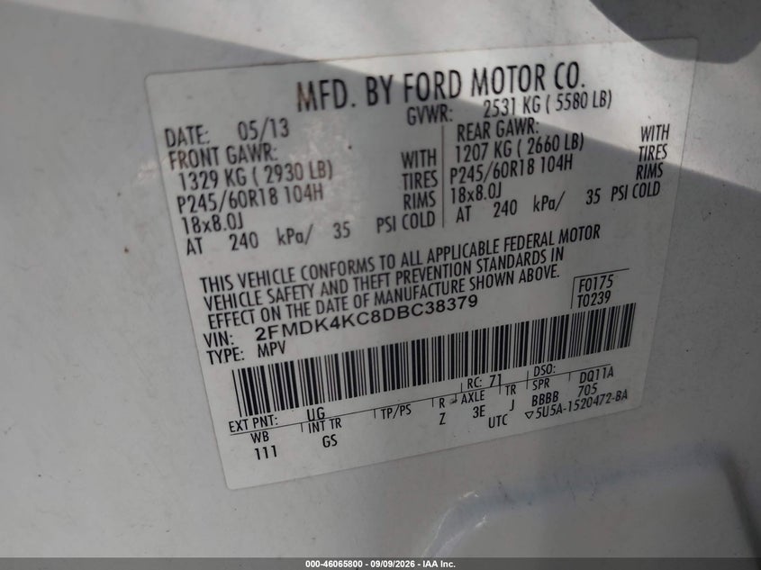 FORD EDGE 2013 VIN 2FMDK4KC8DBC38379