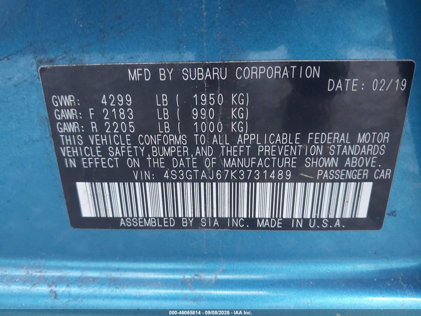 SUBARU IMPREZA 2019 VIN 4S3GTAJ67K3731489