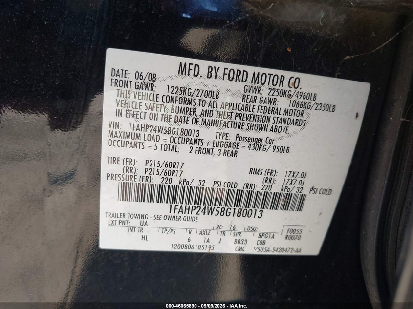 FORD TAURUS 2008 VIN 1FAHP24W58G180013