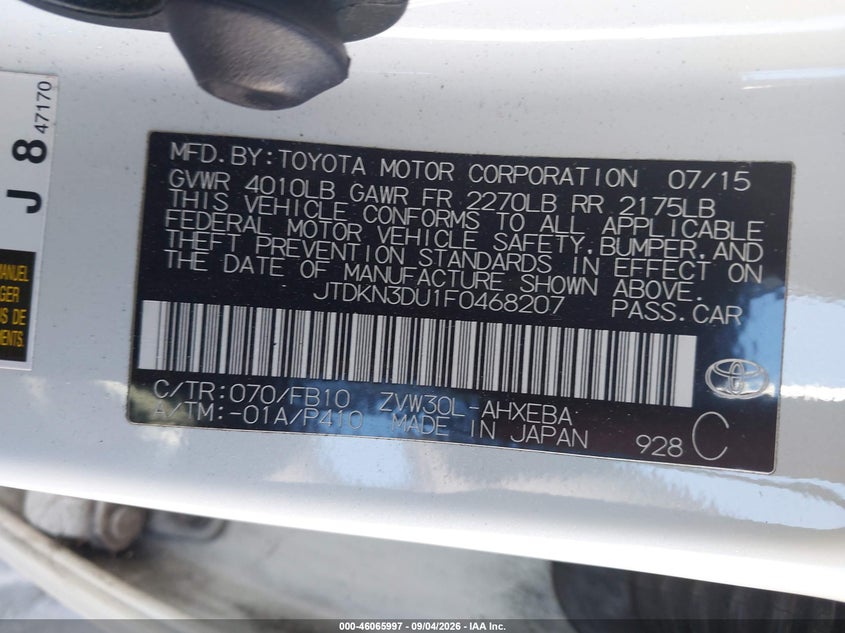 2015 TOYOTA PRIUS HATCHBACK 1.8L I-4 DOHC, VVT, REGULAR , 98HP