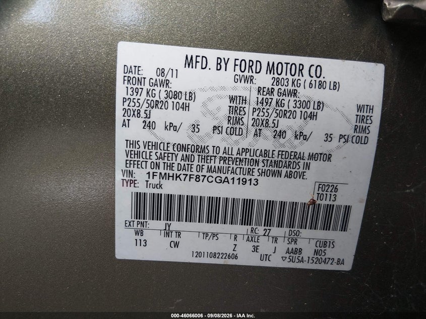 FORD EXPLORER 2012 VIN 1FMHK7F87CGA11913
