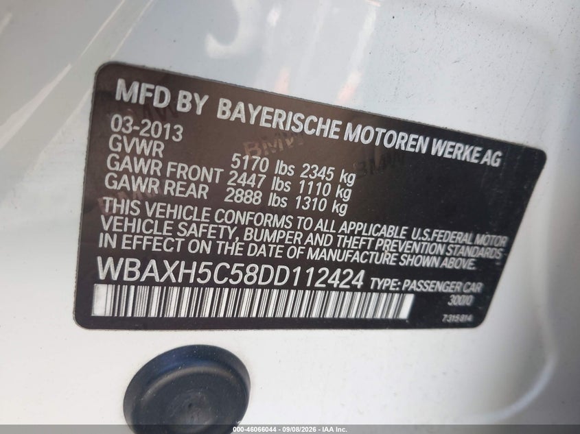BMW 528I 2013 VIN WBAXH5C58DD112424