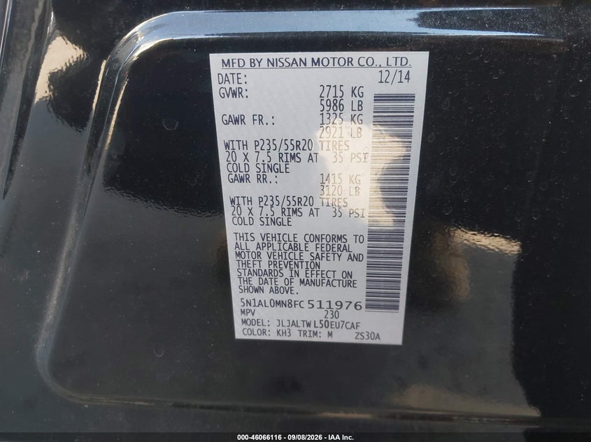INFINITI QX60 2015 VIN 5N1AL0MN8FC511976