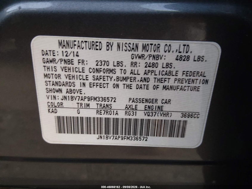 INFINITI Q50 2015 VIN JN1BV7AP9FM336572