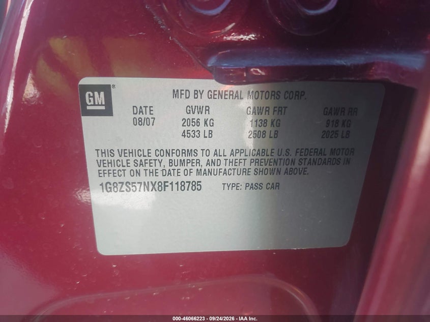 SATURN AURA 2008 VIN 1G8ZS57NX8F118785