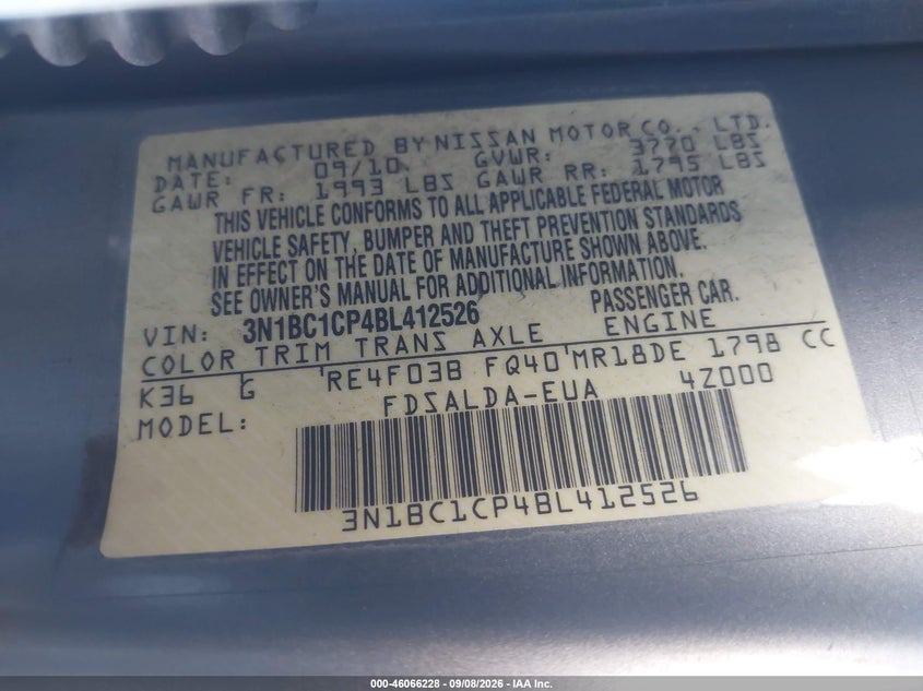 NISSAN VERSA 2011 VIN 3N1BC1CP4BL412526