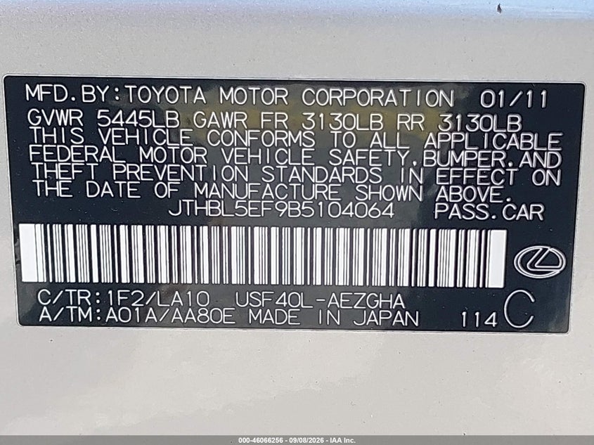 LEXUS LS 460 2011 VIN JTHBL5EF9B5104064