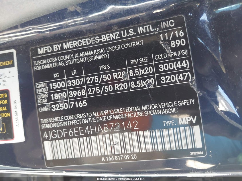 MERCEDES-BENZ GLS 450 2017 VIN 4JGDF6EE4HA872142