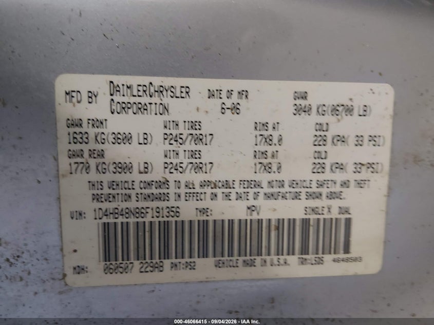 DODGE DURANGO 2006 VIN 1D4HB48N86F191356