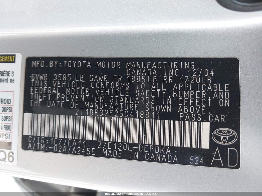 TOYOTA COROLLA 2005 VIN 2T1BR32E25C418811