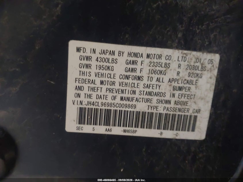 ACURA TSX 2005 VIN JH4CL96985C009869