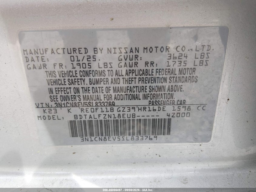 NISSAN VERSA 2025 VIN 3N1CN8EV5SL833769