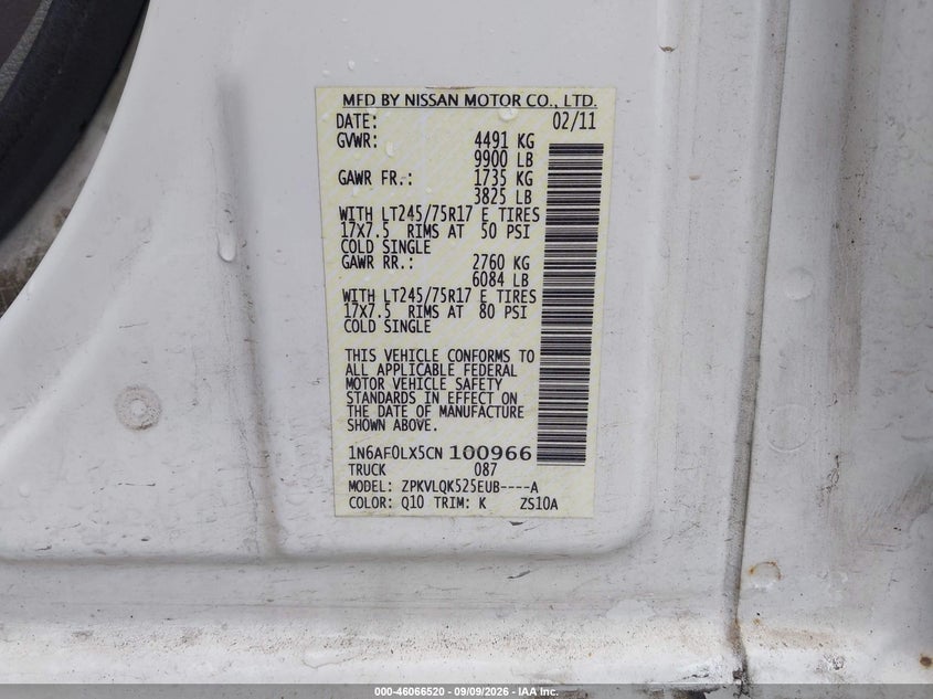 NISSAN NV 3500 2012 VIN 1N6AF0LX5CN100966