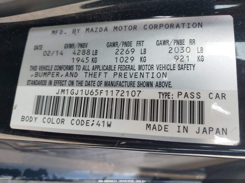 MAZDA MAZDA6 2015 VIN JM1GJ1U65F1172107