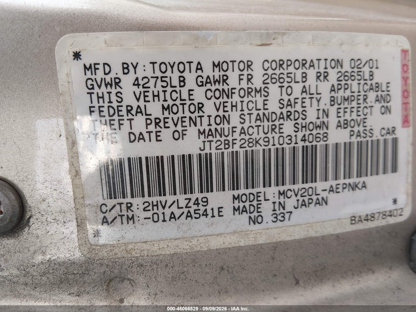 TOYOTA CAMRY 2001 VIN JT2BF28K910314068