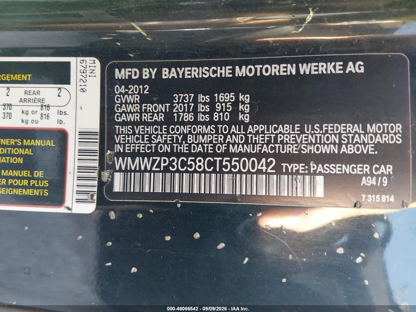 MINI COOPER S 2012 VIN WMWZP3C58CT550042