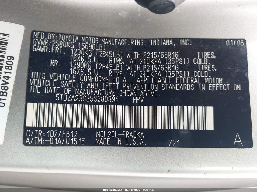 TOYOTA SIENNA 2005 VIN 5TDZA23C35S280894