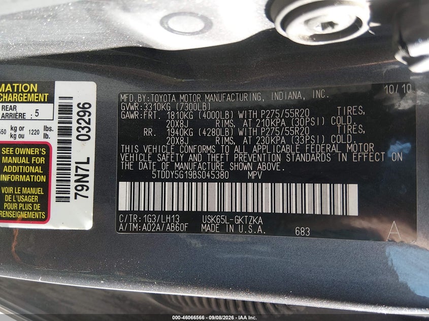 TOYOTA SEQUOIA 2011 VIN 5TDDY5G19BS045380