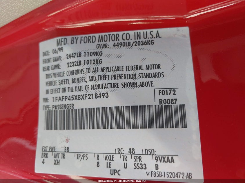 FORD MUSTANG 1999 VIN 1FAFP45X8XF218493